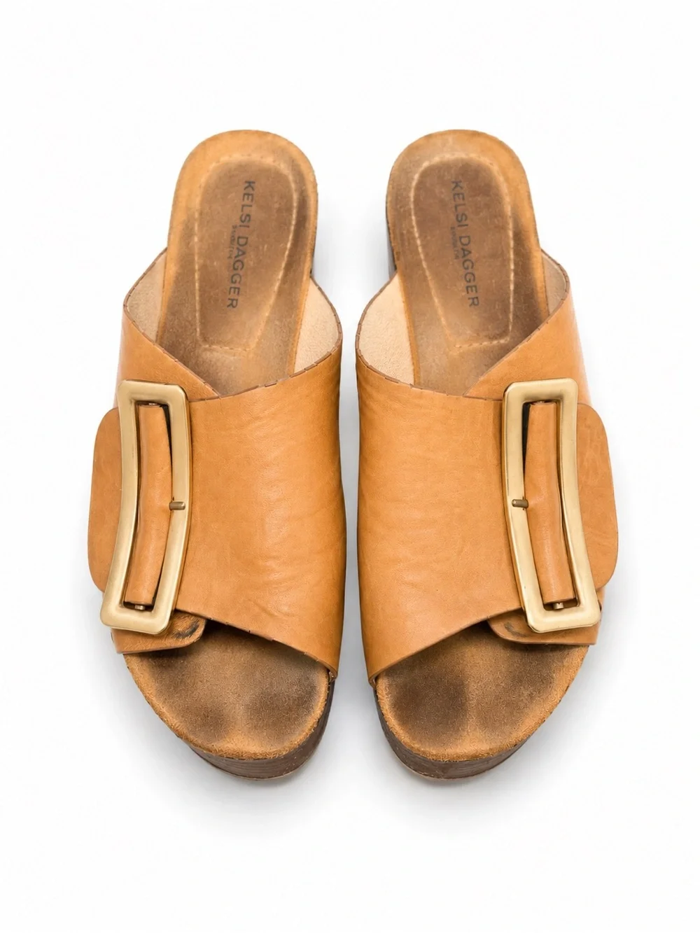 Kelsi Dagger Tan Leather Platform Slide with Gold Buckle